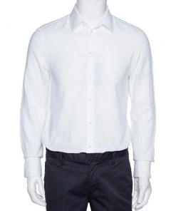 Emporio Armani White Cotton Jacquard Button Front Shirt L For Men