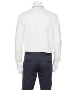 Emporio Armani Cream Cotton & Silk Contrast Stripe Detail Shirt XL For Men -Emporio Armani sale luxury men emporio armani used clothes p338326 007