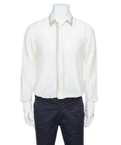 Emporio Armani Cream Cotton & Silk Contrast Stripe Detail Shirt XL For Men
