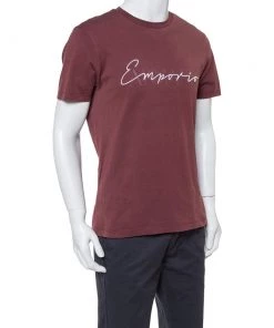 Emporio Armani Maroon Cotton Logo Detail Crew Neck T-Shirt L For Men -Emporio Armani sale luxury men emporio armani used clothes p350642 007
