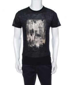 Emporio Armani Charcoal Grey Knit Abstract Gold Foil Print T Shirt L For Men