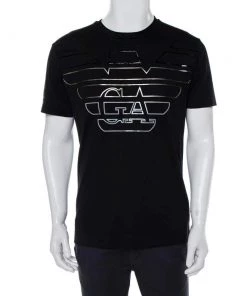 Emporio Armani Black Cotton Logo Embossed Crew Neck T-Shirt XL For Men
