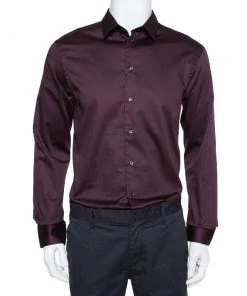 Emporio Armani Burgundy Cotton Button Front Shirt XL For Men