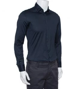 Emporio Armani Navy Blue Stretch Cotton Button Front Shirt M For Men -Emporio Armani sale luxury men emporio armani used clothes p405661 004