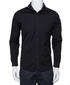 Emporio Armani Black Cotton Knit Trim Detail Button Front Shirt S For Men
