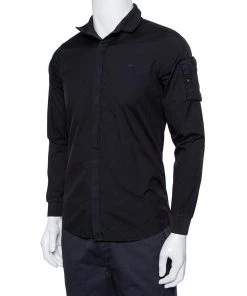 Emporio Armani Black Cotton Knit Trim Detail Button Front Shirt S For Men 12 Emporio Armani Black Cotton Knit Trim Detail Button Front Shirt S For Men -Emporio Armani sale luxury men emporio armani used clothes p421284 004