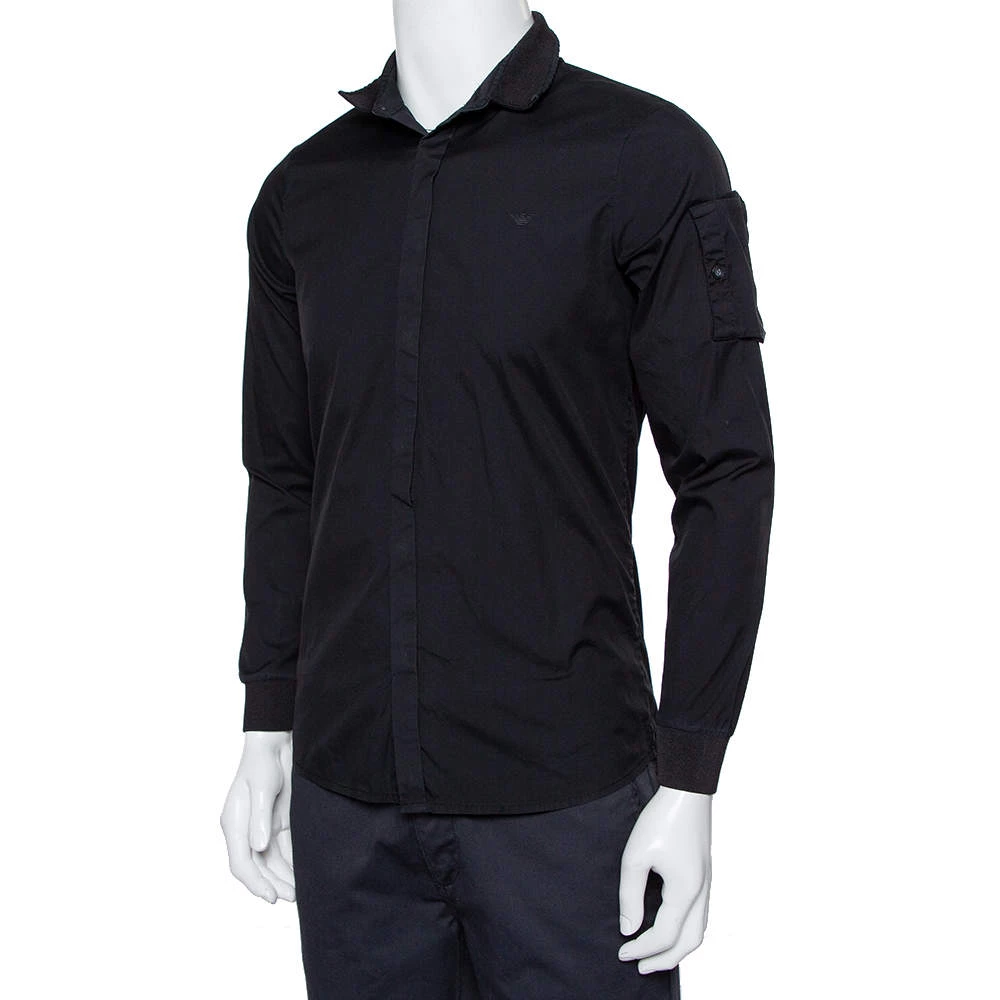 Emporio Armani Black Cotton Knit Trim Detail Button Front Shirt S For Men 5 Emporio Armani Black Cotton Knit Trim Detail Button Front Shirt S For Men - Image 3