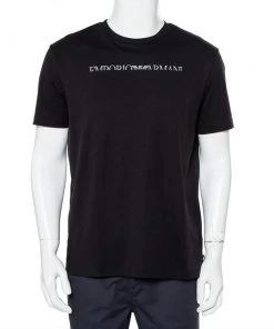 Emporio Armani Black Logo Embroidered Cotton Crewneck T-Shirt XXL For Men