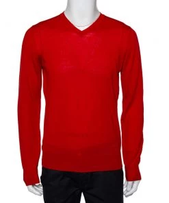 Emporio Armani Red Wool V-Neck Sweater XL For Men