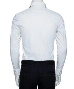 Emporio Armani White Stretch Cotton & Contrast Wool Paneled Button Front Shirt M For Men -Emporio Armani sale luxury men emporio armani used clothes p476344 002