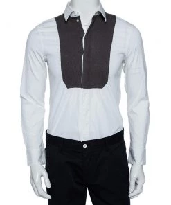 Emporio Armani White Stretch Cotton & Contrast Wool Paneled Button Front Shirt M For Men