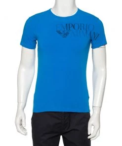 Emporio Armani Blue Logo Printed Stretch Cotton Crewneck T-Shirt S For Men