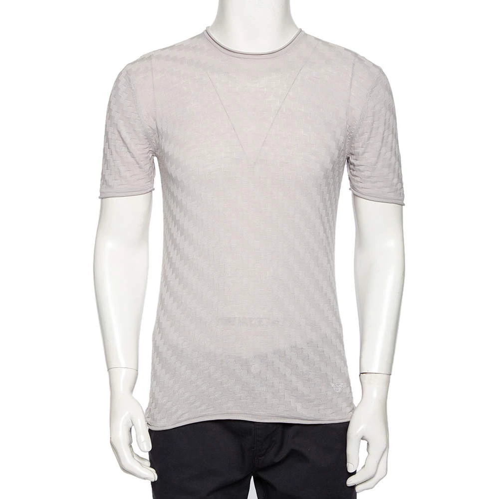 Emporio Armani Grey Patterned Cotton & Silk Knit Fitted T-Shirt M For Men 3 Emporio Armani Grey Patterned Cotton & Silk Knit Fitted T-Shirt M For Men