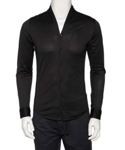Emporio Armani Black Cotton Shawl Lapel Collar Detail Button Front Shirt S For Men