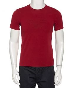 Emporio Armani Burgundy Logo Printed Cotton Crewneck T-Shirt M For Men