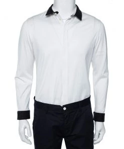 Emporio Armani White Cotton Contrast Wool Trim Button Front Shirt XL For Men