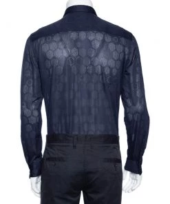 Emporio Armani Navy Blue Perforated Jersey Button Front Shirt XL For Men -Emporio Armani sale luxury men emporio armani used clothes p476470 003