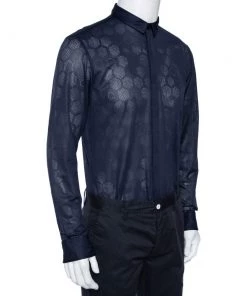 Emporio Armani Navy Blue Perforated Jersey Button Front Shirt XL For Men -Emporio Armani sale luxury men emporio armani used clothes p476470 005