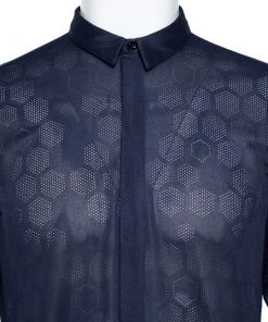 Emporio Armani Navy Blue Perforated Jersey Button Front Shirt XL For Men -Emporio Armani sale luxury men emporio armani used clothes p476470 008