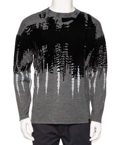 Emporio Armani Charcoal Grey Wool Contrast Flock Detail Crewneck Sweater L For Men