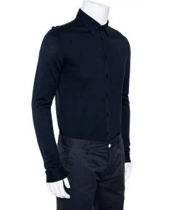 Emporio Armani Navy Blue Knit Button Front Shirt L For Men -Emporio Armani sale luxury men emporio armani used clothes p476512 002