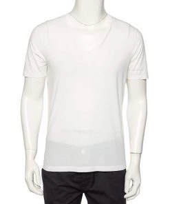 Emporio Armani White Logo Embroidered Cotton V-Neck T-Shirt S For Men