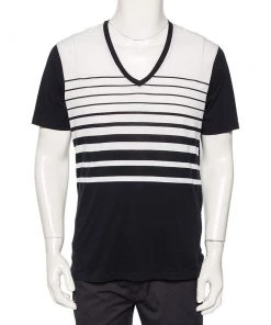 Emporio Armani Navy Blue Striped Cotton V-Neck T-Shirt L For Men