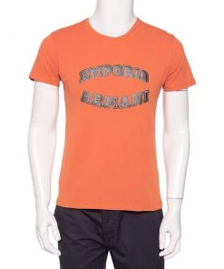 Emporio Armani Orange Logo Embroidered Cotton Crewneck T-Shirt M For Men