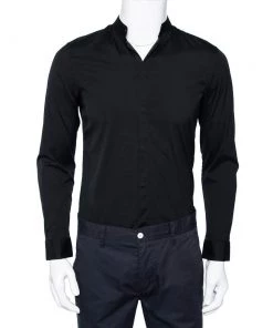 Emporio Armani Black Stretch Cotton Stand Collar Button Front Shirt M For Men