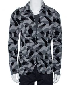 Emporio Armani Monochrome Geometric Patterned Knit Button Front Cardigan M For Men