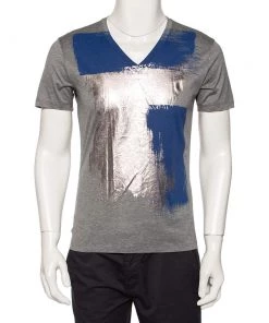 Emporio Armani Grey Abstract Metallic Printed Cotton V-Neck T-Shirt M For Men