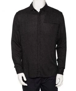 Emporio Armani Charcoal Grey Wool Overlay Detail Button Front Shirt L For Men