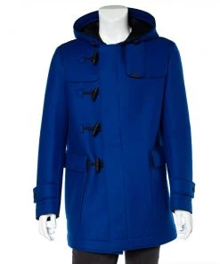 Emporio Armani Blue Wool & Mesh Layered Toggle Button Hooded Duffle Coat XL For Men