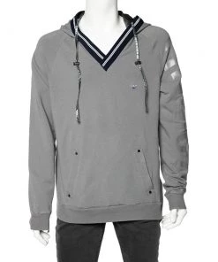 Emporio Armani Grey Cotton Knit Contrast Trim Hooded Sweatshirt 3XL For Men
