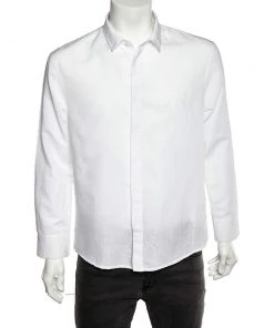 Emporio Armani White Cotton & Linen Button Front Shirt XL For Men