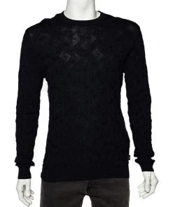 Emporio Armani Navy Blue Logo Intarsia Cotton Knit Crewneck Sweater M For Men