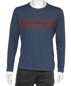 Emporio Armani Blue Logo Printed Cotton Knit Long Sleeve T-Shirt M For Men