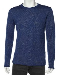 Emporio Armani Blue Patterned Knit Crewneck Sweater L For Men