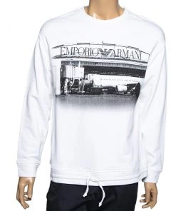 Emporio Armani White Printed Cotton Crewneck Sweatshirt S For Men
