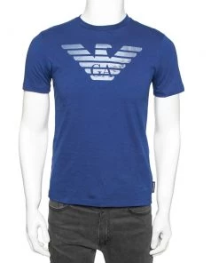 Emporio Armani Blue Logo Printed Cotton Short Sleeve T-Shirt S For Men
