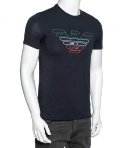Emporio Armani Navy Blue Cotton Printed Crew Neck T-Shirt S For Men -Emporio Armani sale luxury men emporio armani used clothes p620337 005