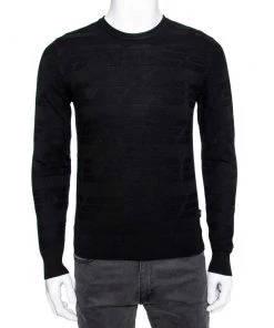 Emporio Armani Black Textured Knit Long Sleeve Crew Neck Sweater XS For Men