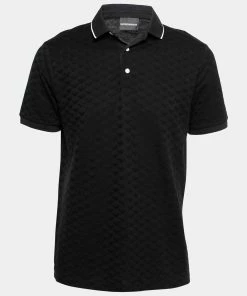 Emporio Armani Black Textured Knit Short Sleeve Polo T-Shirt L For Men