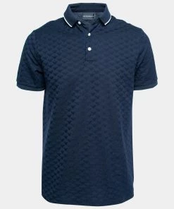 Emporio Armani Navy Blue Textured Knit Short Sleeve Polo T-Shirt L For Men