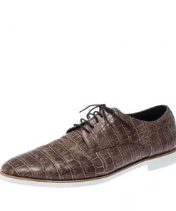 Emporio Armani Brown Croc Embossed Leather Lace Up Derby Size 44 For Men