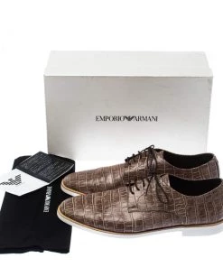 Emporio Armani Brown Croc Embossed Leather Lace Up Derby Size 44 For Men -Emporio Armani sale luxury men emporio armani used shoes p226958 009