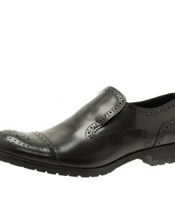 Emporio Armani Black Leather Brogue Slip-On Shoes Size 42.5 For Men