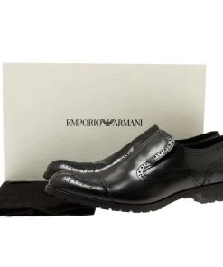 Emporio Armani Black Leather Brogue Slip-On Shoes Size 42.5 For Men -Emporio Armani sale luxury men emporio armani used shoes p51487 012