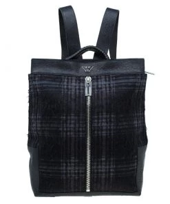 Emporio Armani Black Leather And Calf Hair Check Fash Backpack For Men