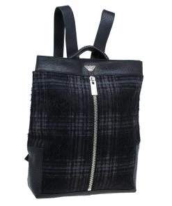 Emporio Armani Black Leather And Calf Hair Check Fash Backpack For Men -Emporio Armani sale luxury men emporio armani used travel p56283 003